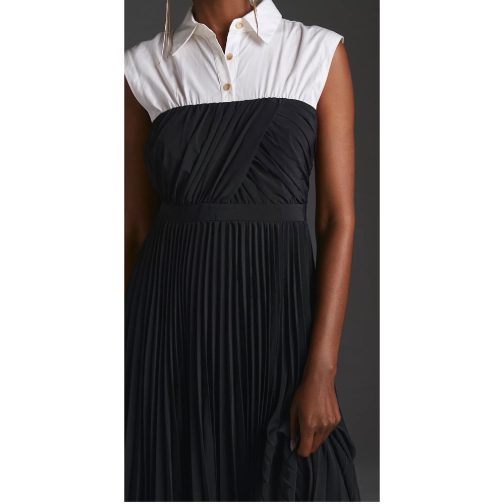 Anthropologie Black and White Pleated Midi Shirt Dress - Picture 5 of 10